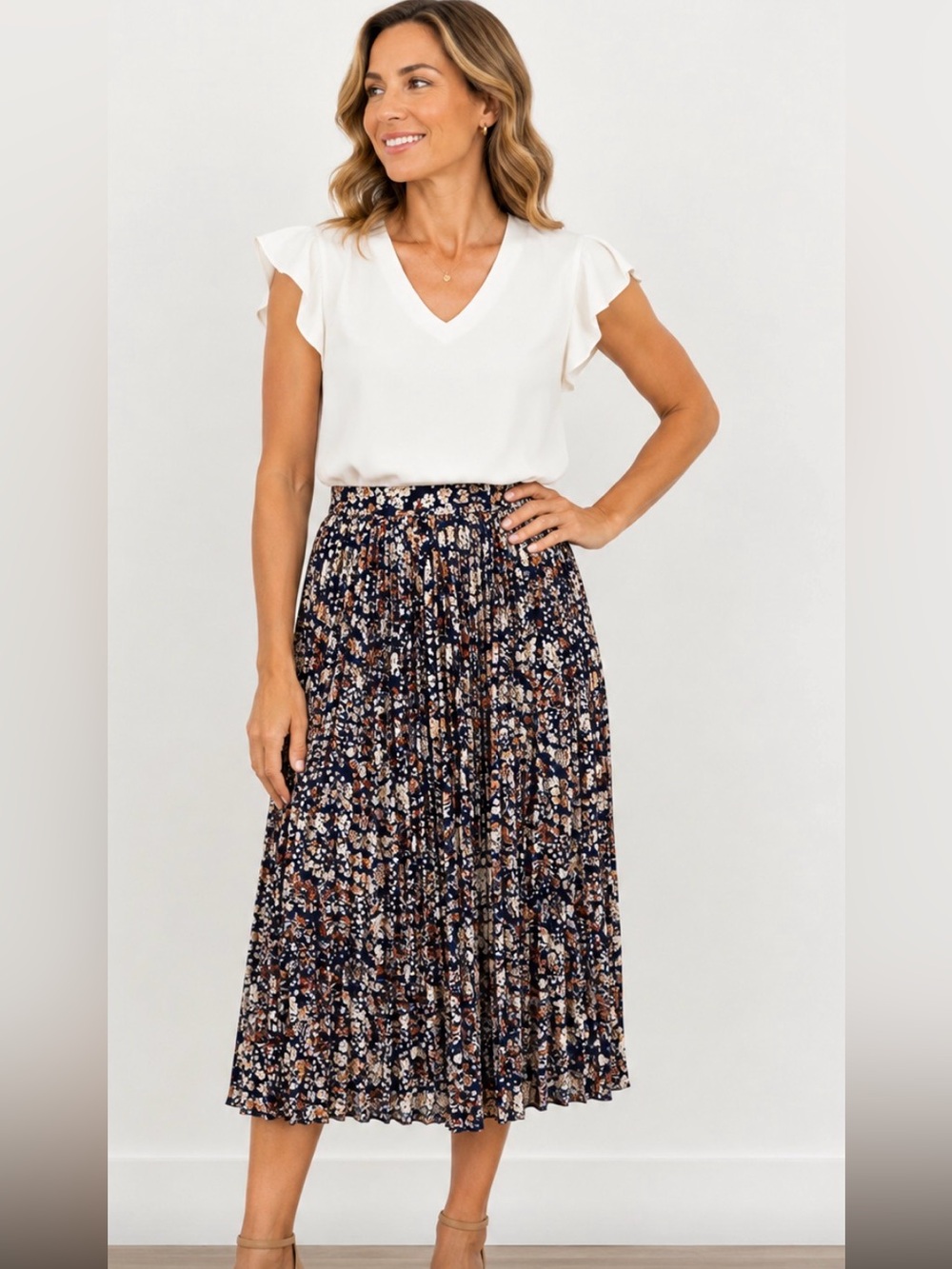 Anthropologie‎ Dress Forum navy Pleated Floral Midi Skirt size small